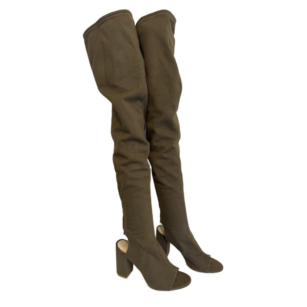 Raye Peep Toe Thigh High Boots 7.5 Olive Green Strech Casual Edgy Fall Summer